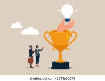 Trophy with hand and light bulb. Creativity to help see business opportunity, vision to discover new solution or idea, curiosity. Modern vector illustration in flat style