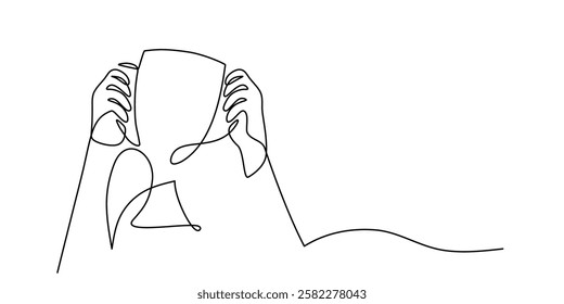 Trophy held by many hands depicted in a single line drawing style. Represents unity and shared achievement. Vector illustration hand drawn.