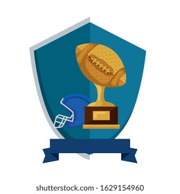 trophy and helmet american football in shield isolated icon vector illustration design