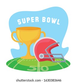 Trophy and helmet over field design, Super bowl american football sport hobby competition game training equipment tournement and play theme Vector illustration