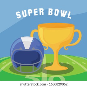 Trophy and helmet over field design, Super bowl american football sport hobby competition game training equipment tournement and play theme Vector illustration
