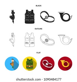 A trophy in his hand, a steel trap, a hunting vest with patronage, a horn..Hunting set collection icons in black,flat,outline style vector symbol stock illustration web.
