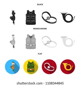 A trophy in his hand, a steel trap, a hunting vest with patronage, a horn..Hunting set collection icons in black, flat, monochrome style vector symbol stock illustration web.