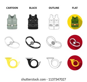 A trophy in his hand, a steel trap, a hunting vest with patronage, a horn..Hunting set collection icons in cartoon,black,outline,flat style vector symbol stock illustration web.