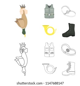 A trophy in his hand, a steel trap, a hunting vest with patronage, a horn..Hunting set collection icons in cartoon,outline style vector symbol stock illustration web.