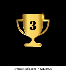Trophy icon 3rd winner golden colored, vector Illustration.