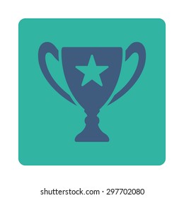 Trophy icon from Award Buttons OverColor Set. Icon style is cobalt and cyan colors, flat rounded square button, white background.