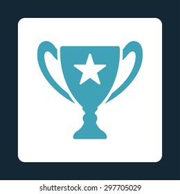 Trophy icon from Award Buttons OverColor Set. Icon style is blue and white colors, flat rounded square button, dark blue background.