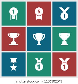 Trophy icon. collection of 9 trophy filled icons such as medal, number 1 medal, medal with star. editable trophy icons for web and mobile.