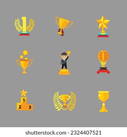 colección de iconos de trofeo, conjunto de iconos de logro, medalla, ranking, estrella de primer lugar, trofeo de estrella, hombre con medalla