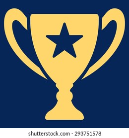 Trophy icon from Competition & Success Bicolor Icon Set. Vector style: flat symbols, yellow color, rounded angles, blue background.