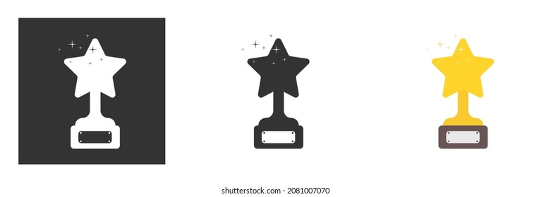 ícono de trofeo, una taza en forma de estrella en un pedestal con chispas, chispas. Disponible en negro, blanco y color. Para dispositivos móviles e Internet. Firma de victoria, éxito y premio