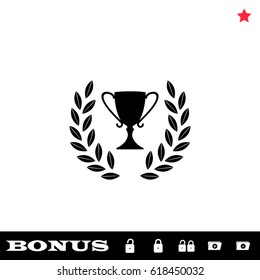 Trophäensymbol flach. Schwarzes Piktogramm auf weißem Hintergrund. Vektorgrafik-Symbol und Bonus-Taste öffnen und schließen Schloss, Ordner, Stern