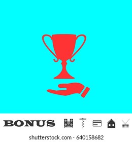 Trophy icon flat. Red pictogram on blue background. Vector illustration symbol and bonus buttons Music center, corkscrew, credit card, house, drum
