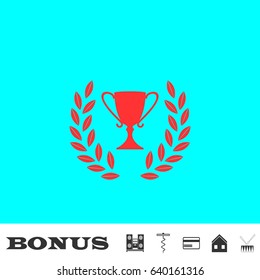 Trophy icon flat. Red pictogram on blue background. Vector illustration symbol and bonus buttons Music center, corkscrew, credit card, house, drum