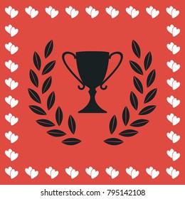 Trophy icon flat. Simple black pictogram on red background with white hearts for valentines day. Vector illustration symbol