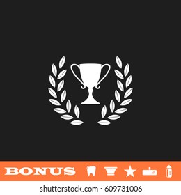 Trophy icon flat. White pictogram on black background. Vector illustration symbol and bonus button tooth, vase, star, mirror, bottle