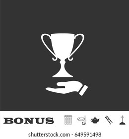 Trophy icon flat. White pictogram on black background. Vector illustration symbol and bonus icons
