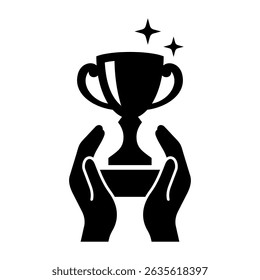 Trophy icon. Gold cup trophy in hands. Achievement. Victory. Vector icon isolated on white background.