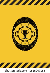 trophy icon grunge black emblem with yellow background, warning sign. Vector Illustration. Detailed.
