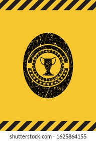 trophy icon grunge black emblem with yellow background, warning sign. Vector Illustration. Detailed.