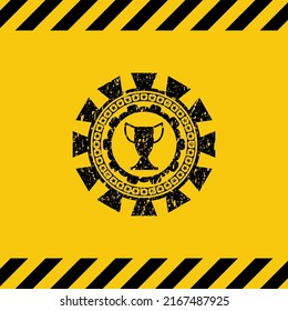 trophy icon grunge black emblem with yellow background, warning sign. Vector Illustration. Detailed. 