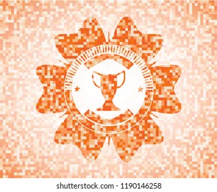 trophy icon inside abstract emblem, orange mosaic background