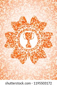trophy icon inside abstract emblem, orange mosaic background
