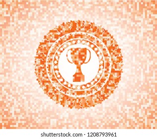 trophy icon inside abstract emblem, orange mosaic background