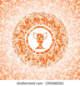 trophy icon inside abstract emblem, orange mosaic background