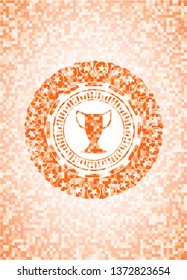 trophy icon inside abstract emblem, orange mosaic background