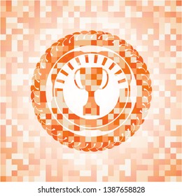 trophy icon inside abstract emblem, orange mosaic background