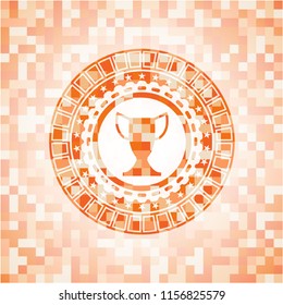 trophy icon inside abstract orange mosaic emblem