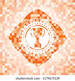 trophy icon inside abstract orange mosaic emblem