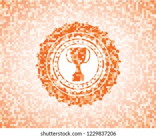 trophy icon inside abstract orange mosaic emblem