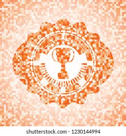 trophy icon inside abstract orange mosaic emblem with background