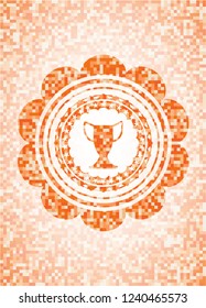trophy icon inside abstract orange mosaic emblem with background