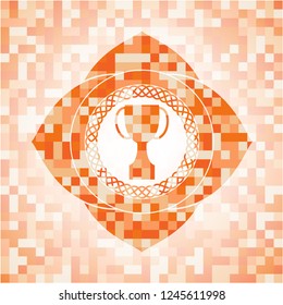 trophy icon inside abstract orange mosaic emblem with background
