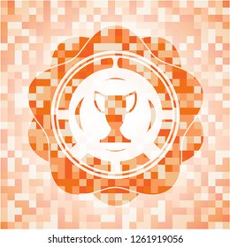 trophy icon inside abstract orange mosaic emblem with background