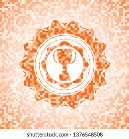 trophy icon inside abstract orange mosaic emblem with background
