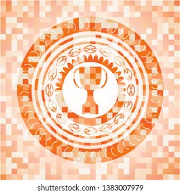 trophy icon inside abstract orange mosaic emblem