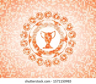 trophy icon inside abstract orange mosaic emblem