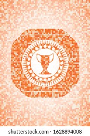 trophy icon inside abstract orange mosaic emblem with background