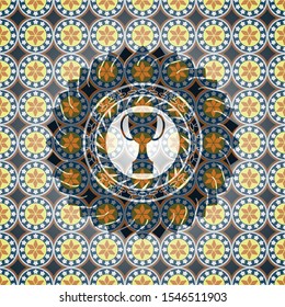 trophy icon inside arabesque badge background. arabic decoration.