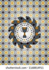 trophy icon inside arabesque emblem background. arabic decoration.