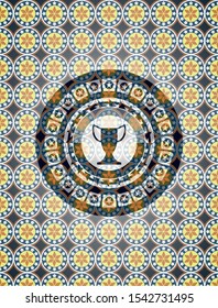 trophy icon inside arabesque emblem background. arabic decoration.