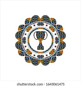 trophy icon inside arabesque emblem background. arabic decoration.