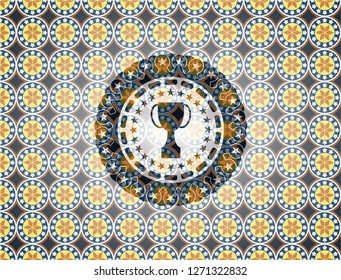 trophy icon inside arabesque style emblem. arabic decoration.