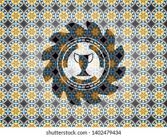 trophy icon inside arabesque style emblem. arabic decoration.