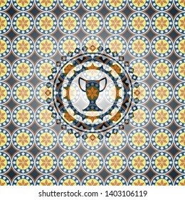 trophy icon inside arabesque style badge. arabic decoration.